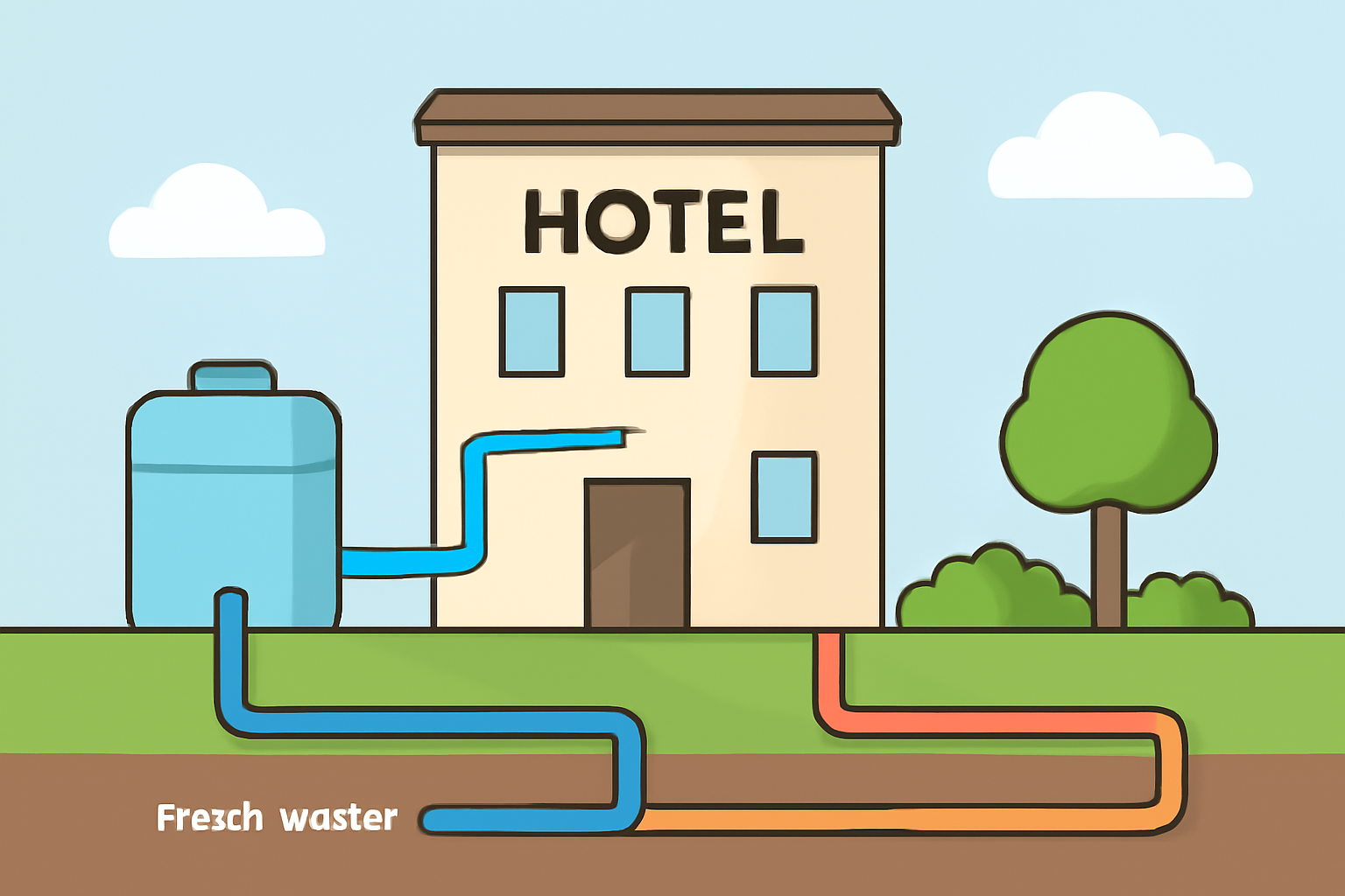 Illustrative Übersicht eines Hotels mit getrennten Rohrwegen für Frischwasser und aufbereitetes Grauwasser zur Gartenbewässerung; klare, unbeschriftete Darstellung, ohne Logos oder Leistungsversprechen.