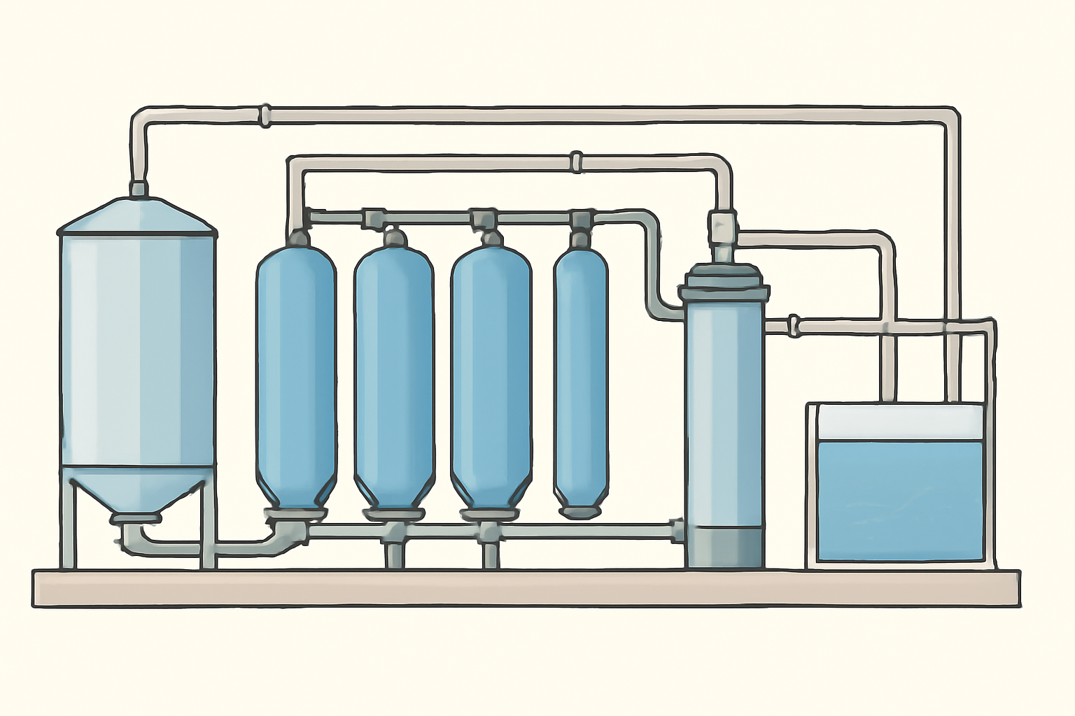 Illustrative Schnittansicht einer Wasseraufbereitungsanlage für ein Hotel mit Tanks, Filtern und klar verbundenen Rohrleitungen; sachliche technische Darstellung, ohne Beschriftungen, Logos oder Leistungsangaben.
